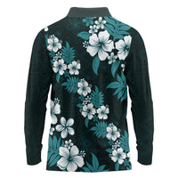 Hawaiian Hibiscus Tribal Floral Teal Long Sleeve Polo Shirt Polynesian Tapa Pattern LT01 - Polynesian Pride