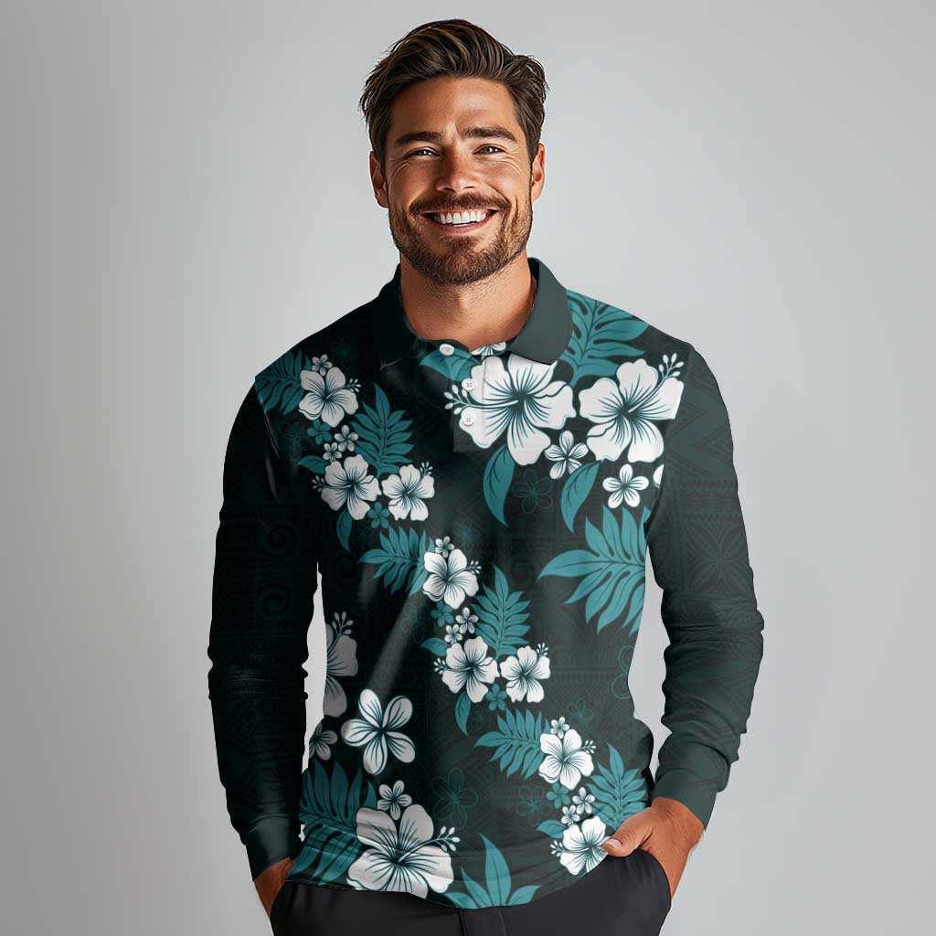 Hawaiian Hibiscus Tribal Floral Teal Long Sleeve Polo Shirt Polynesian Tapa Pattern LT01 - Polynesian Pride
