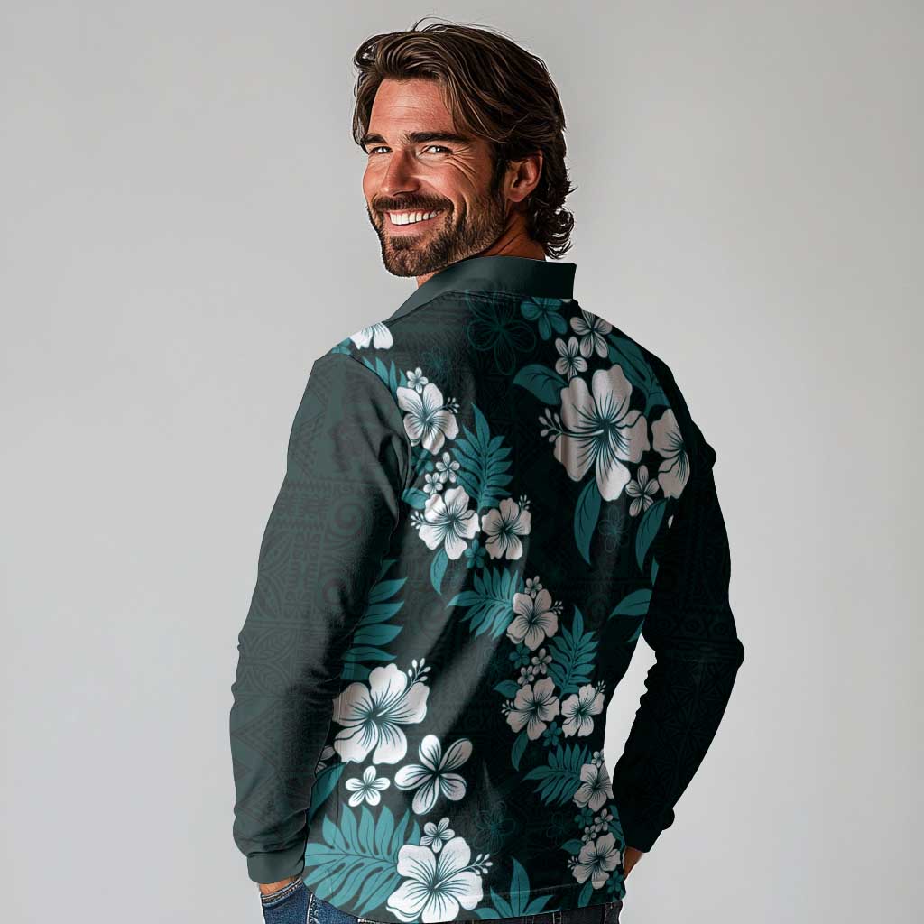 Hawaiian Hibiscus Tribal Floral Teal Long Sleeve Polo Shirt Polynesian Tapa Pattern LT01 - Polynesian Pride
