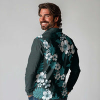 Hawaiian Hibiscus Tribal Floral Teal Long Sleeve Polo Shirt Polynesian Tapa Pattern LT01 - Polynesian Pride