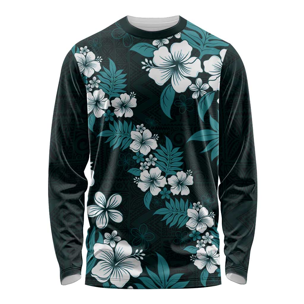 Hawaiian Hibiscus Tribal Floral Teal Long Sleeve Shirt Polynesian Tapa Pattern LT01 Unisex Teal - Polynesian Pride