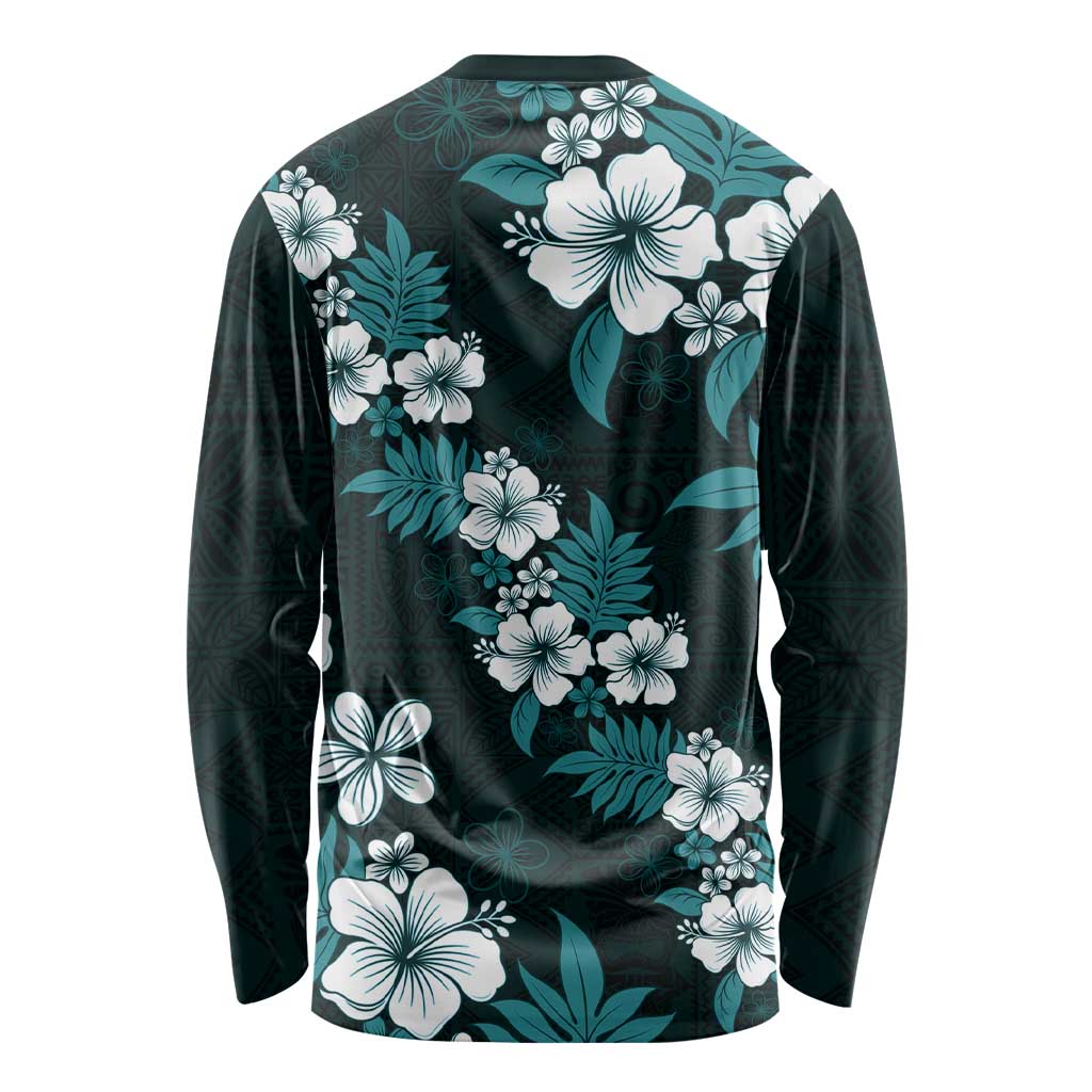 Hawaiian Hibiscus Tribal Floral Teal Long Sleeve Shirt Polynesian Tapa Pattern LT01 - Polynesian Pride