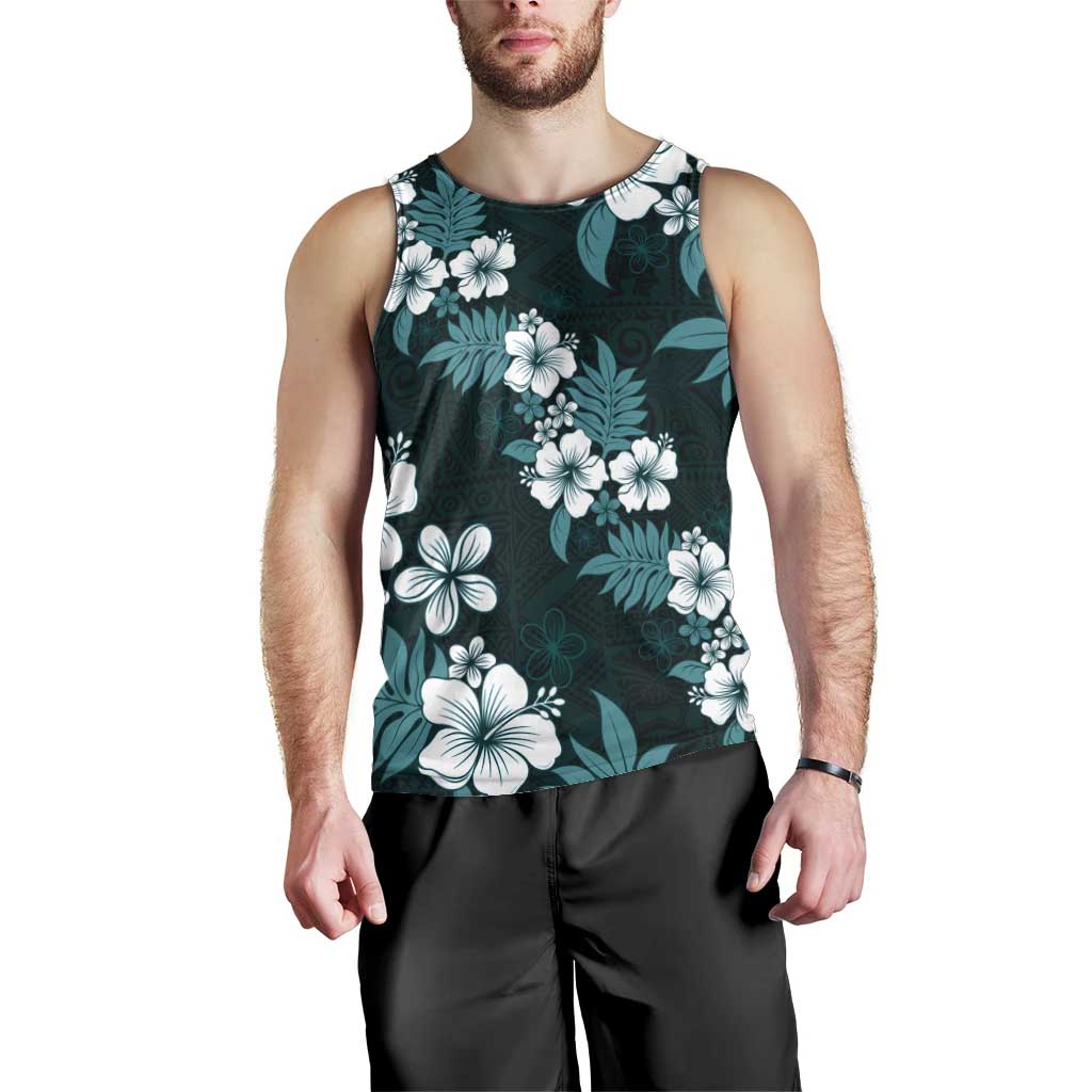Hawaiian Hibiscus Tribal Floral Teal Men Tank Top Polynesian Tapa Pattern LT01 - Polynesian Pride