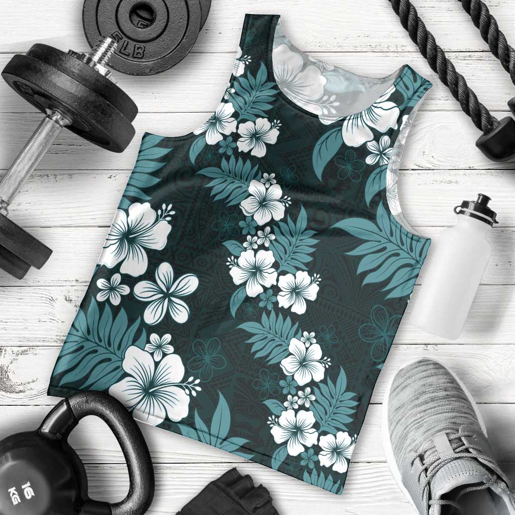 Hawaiian Hibiscus Tribal Floral Teal Men Tank Top Polynesian Tapa Pattern LT01 - Polynesian Pride