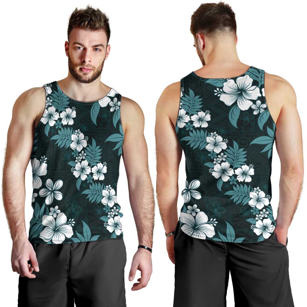 Hawaiian Hibiscus Tribal Floral Teal Men Tank Top Polynesian Tapa Pattern LT01 - Polynesian Pride