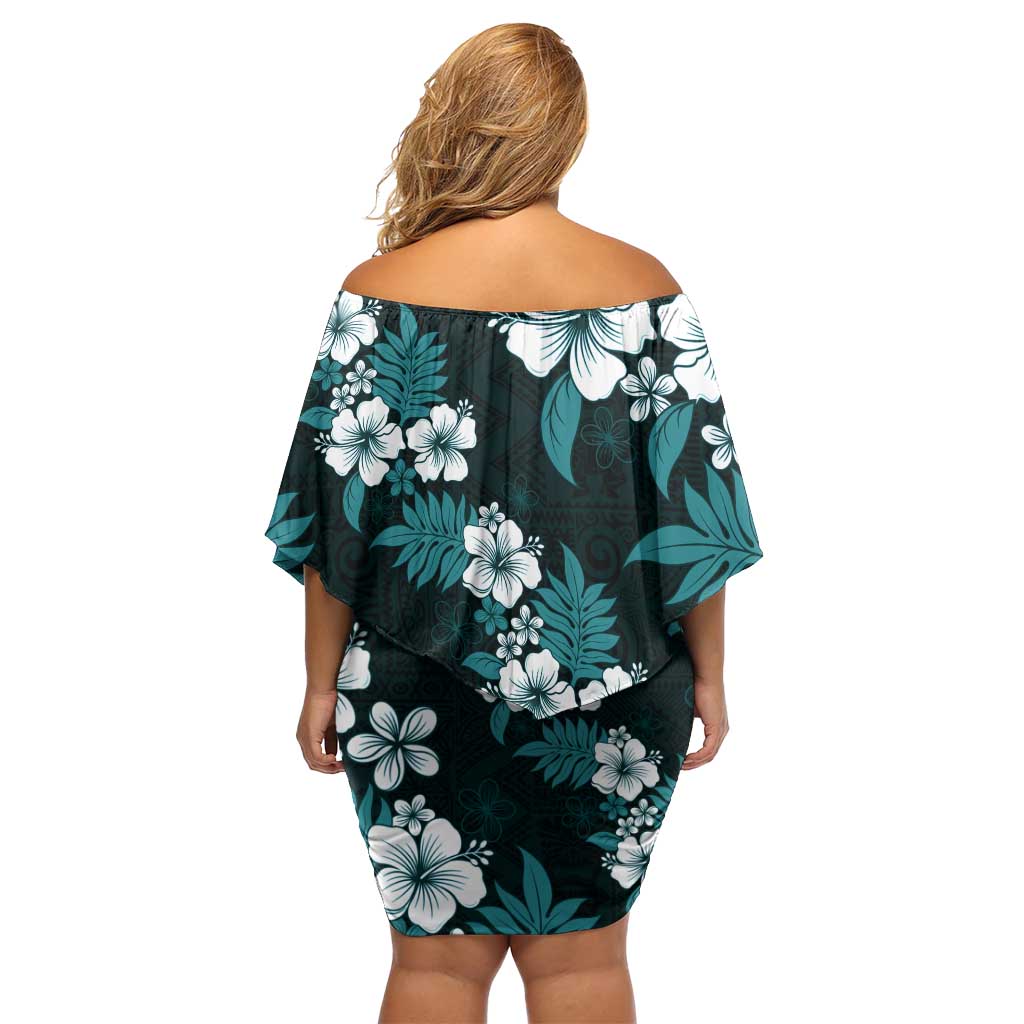 Hawaiian Hibiscus Tribal Floral Teal Off Shoulder Short Dress Polynesian Tapa Pattern - Polynesian Pride