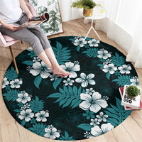 Hawaiian Hibiscus Tribal Floral Teal Round Carpet Polynesian Tapa Pattern - Polynesian Pride