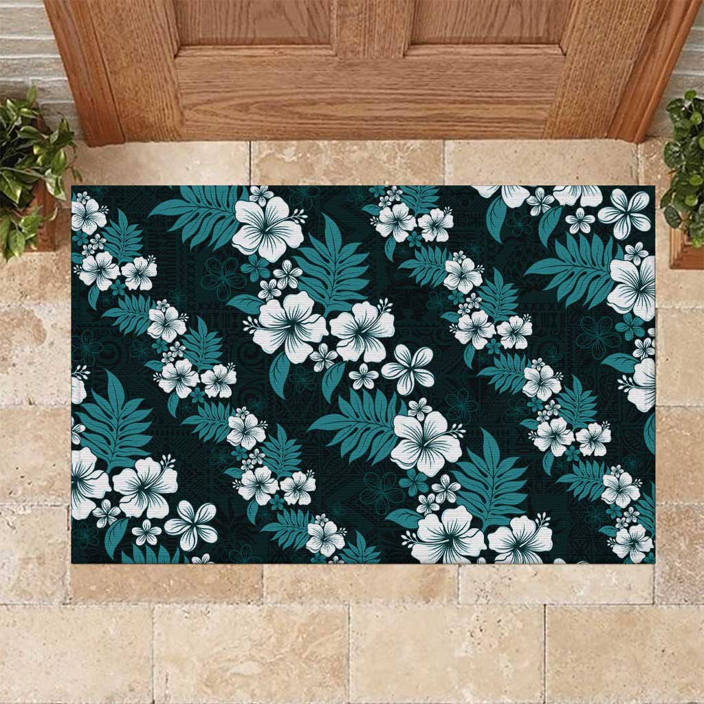 Hawaiian Hibiscus Tribal Floral Teal Rubber Doormat Polynesian Tapa Pattern LT01 Teal - Polynesian Pride