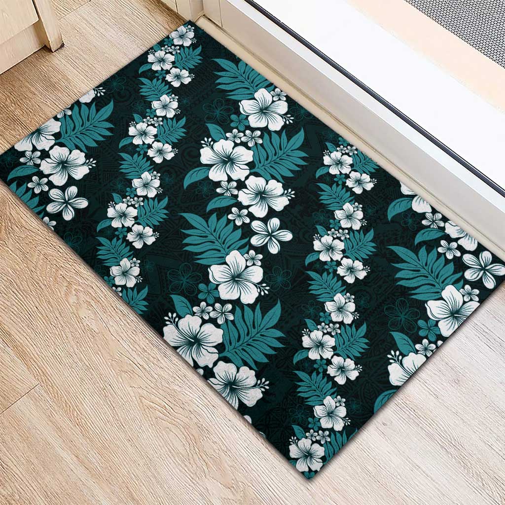 Hawaiian Hibiscus Tribal Floral Teal Rubber Doormat Polynesian Tapa Pattern LT01 - Polynesian Pride