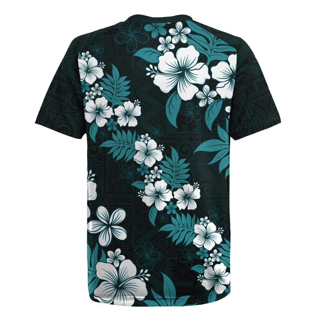 Hawaiian Hibiscus Tribal Floral Teal Rugby Jersey Polynesian Tapa Pattern LT01 - Polynesian Pride