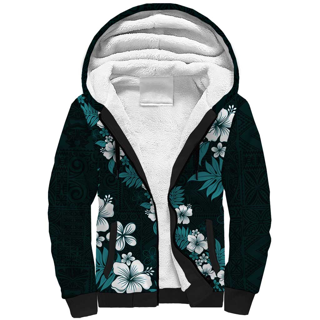 Hawaiian Hibiscus Tribal Floral Teal Sherpa Hoodie Polynesian Tapa Pattern LT01 Unisex Teal - Polynesian Pride