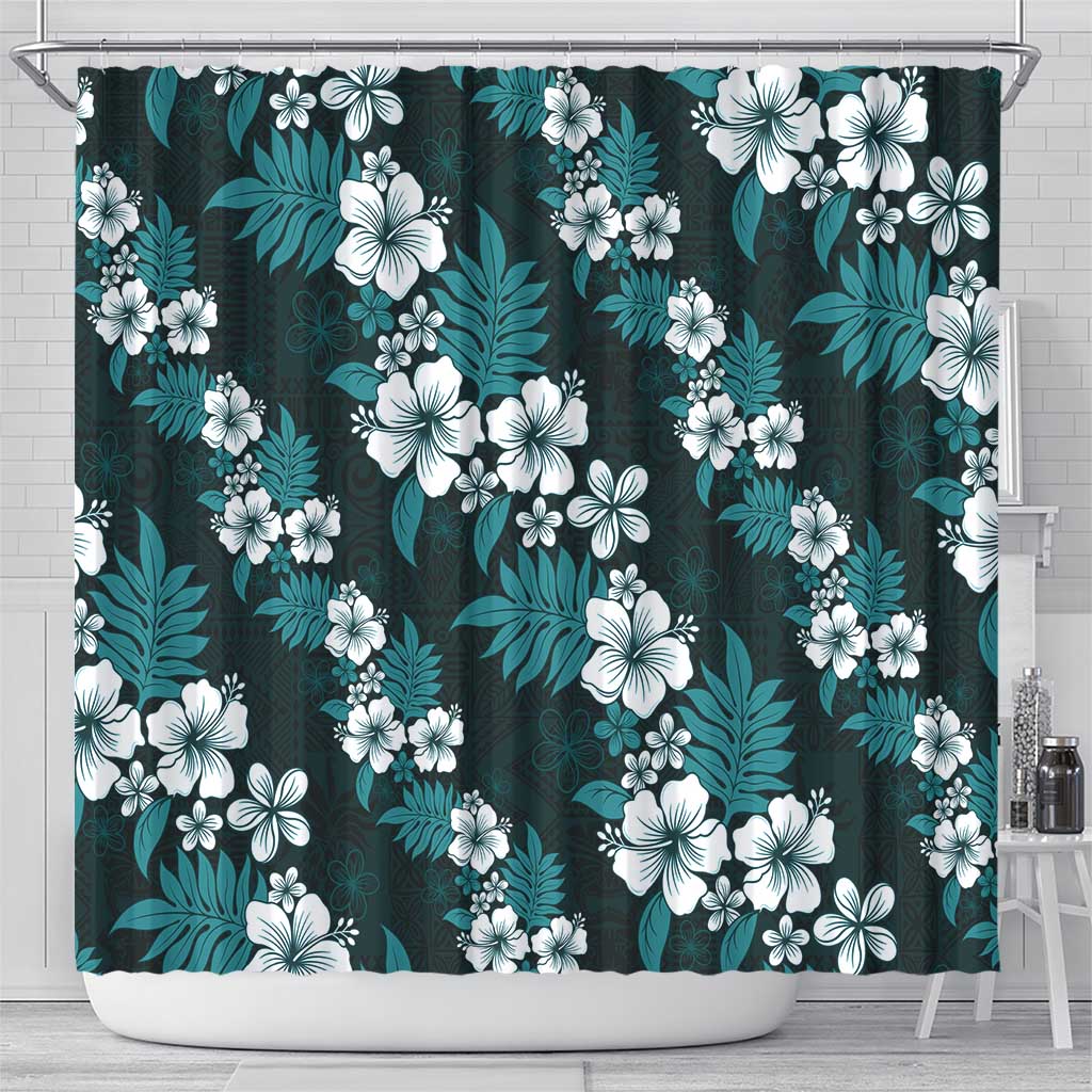 Hawaiian Hibiscus Tribal Floral Teal Shower Curtain Polynesian Tapa Pattern - Polynesian Pride