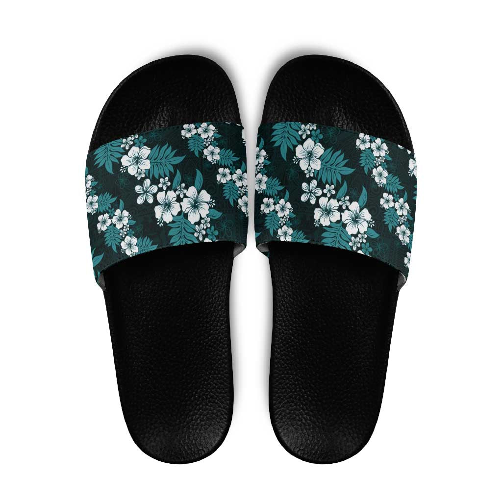 Hawaiian Hibiscus Tribal Floral Teal Slide Sandals Polynesian Tapa Pattern - Polynesian Pride