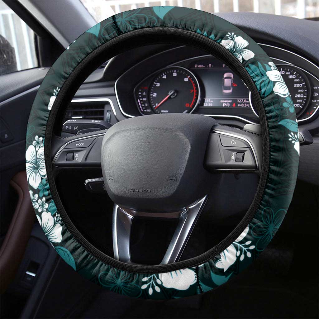 Hawaiian Hibiscus Tribal Floral Teal Steering Wheel Cover Polynesian Tapa Pattern - Polynesian Pride