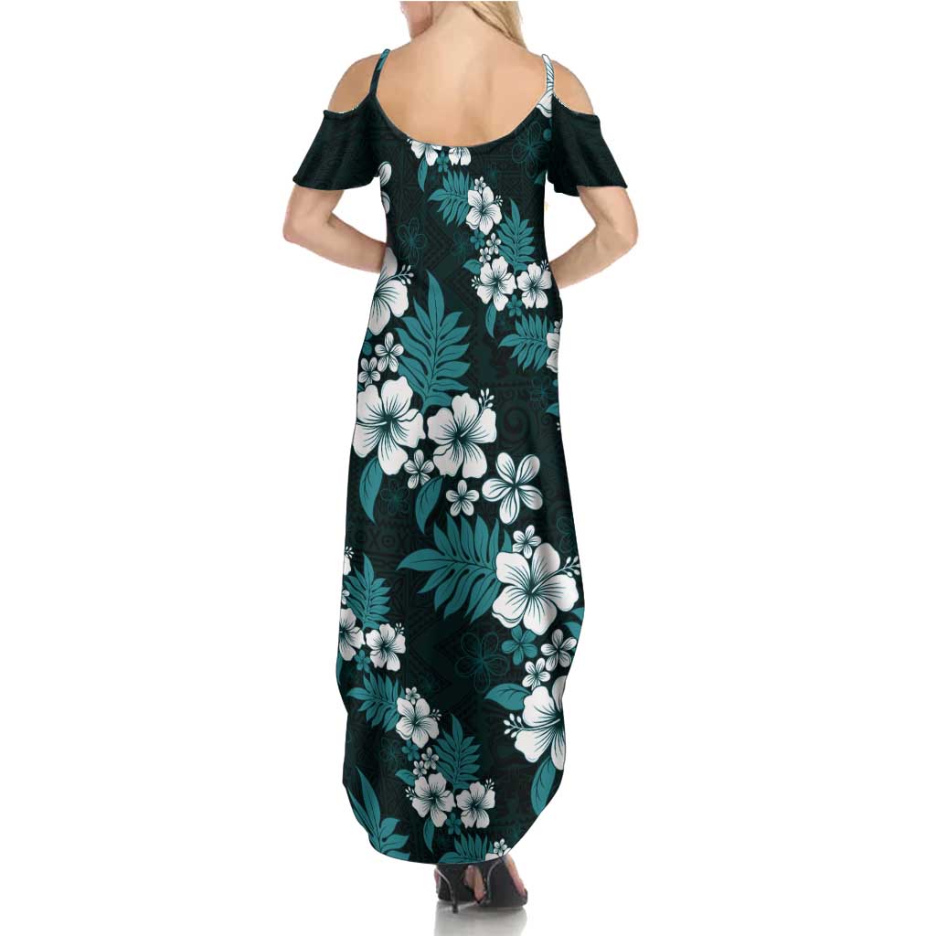 Hawaiian Hibiscus Tribal Floral Teal Summer Maxi Dress Polynesian Tapa Pattern - Polynesian Pride