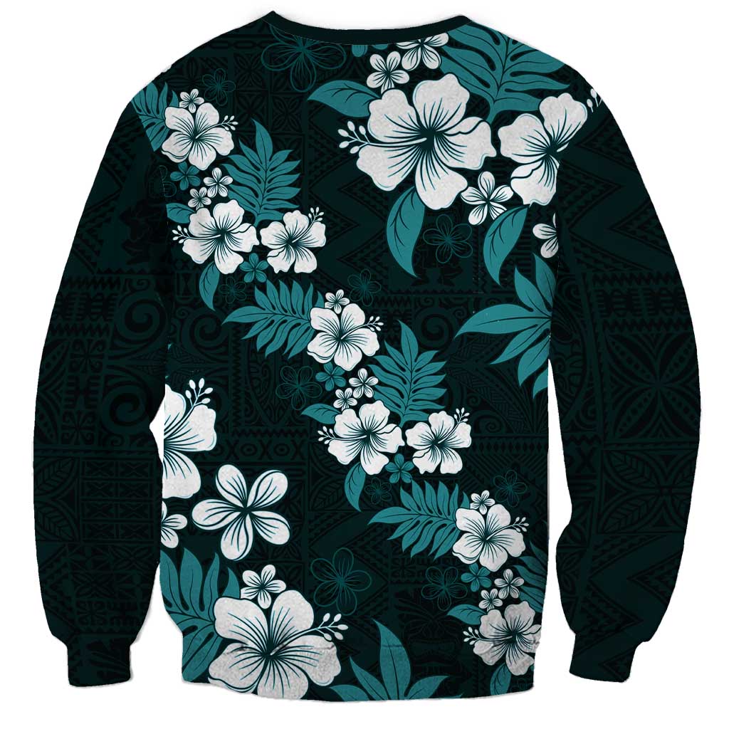 Hawaiian Hibiscus Tribal Floral Teal Sweatshirt Polynesian Tapa Pattern LT01 - Polynesian Pride