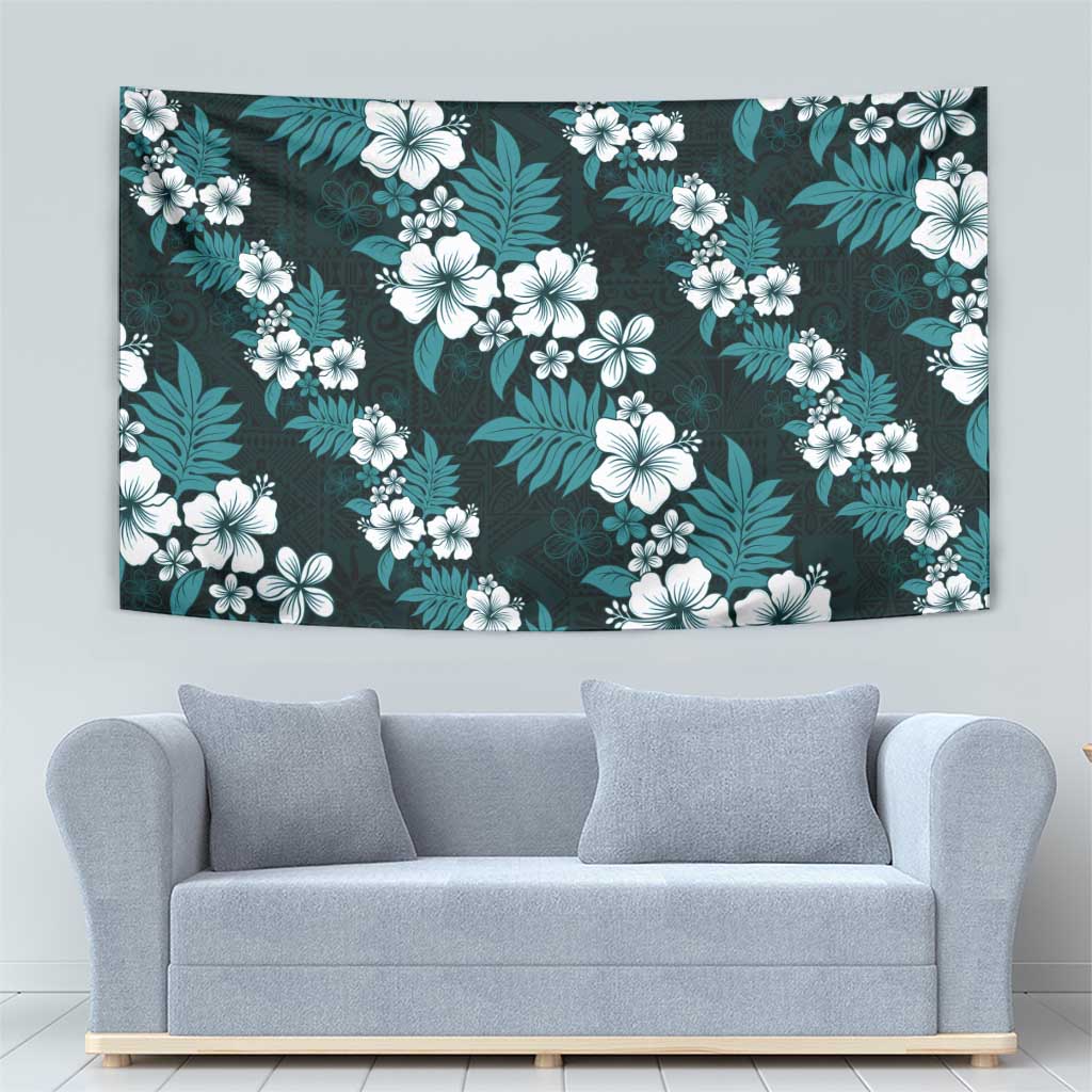 Hawaiian Hibiscus Tribal Floral Teal Tapestry Polynesian Tapa Pattern - Polynesian Pride