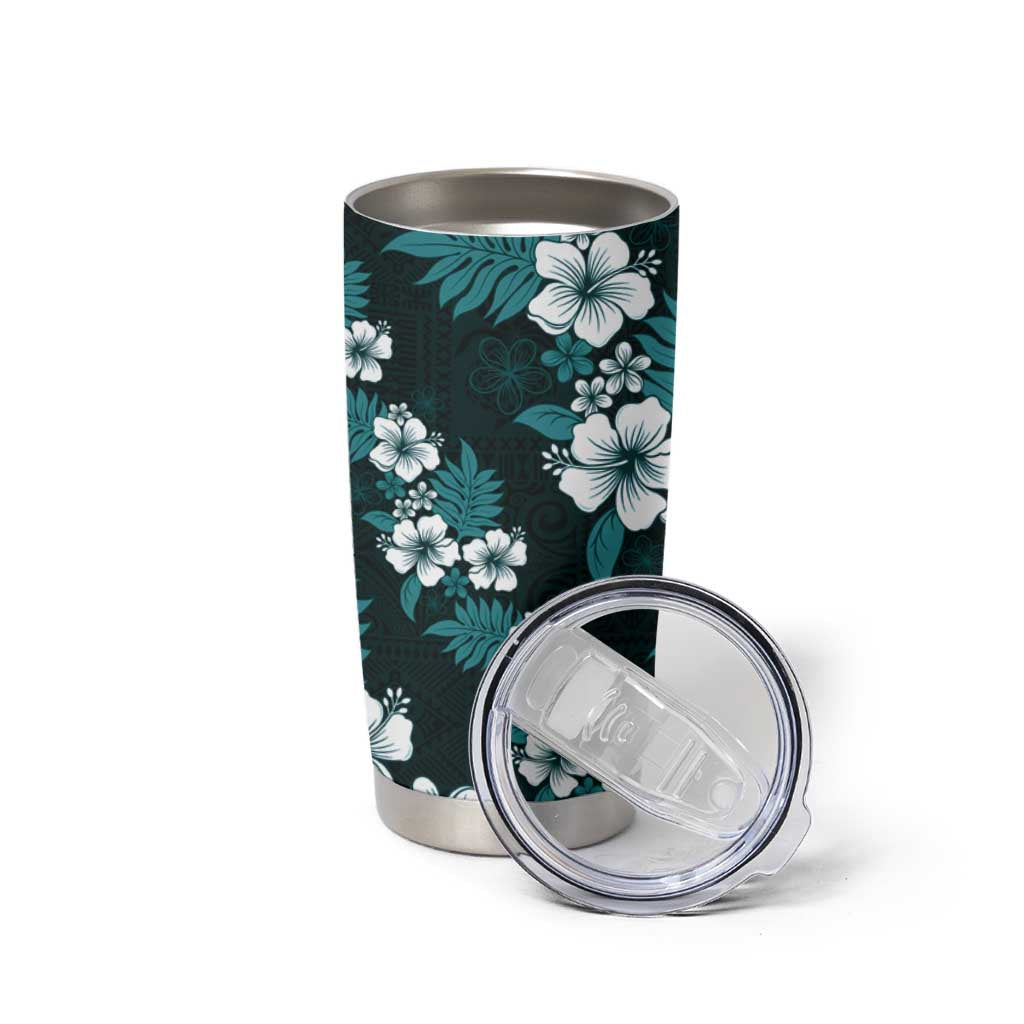 Hawaiian Hibiscus Tribal Floral Teal Tumbler Cup Polynesian Tapa Pattern - Polynesian Pride
