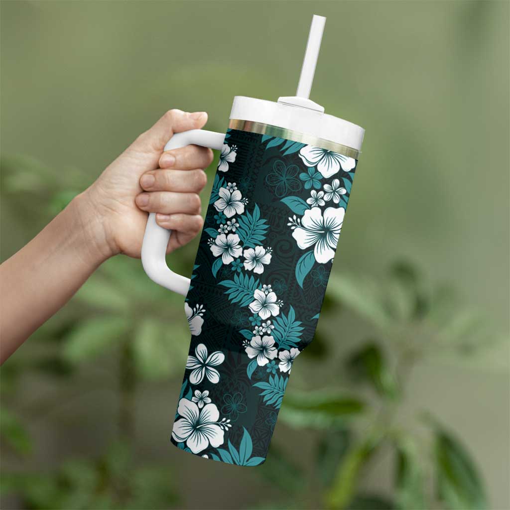 Hawaiian Hibiscus Tribal Floral Teal Tumbler With Handle Polynesian Tapa Pattern - Polynesian Pride
