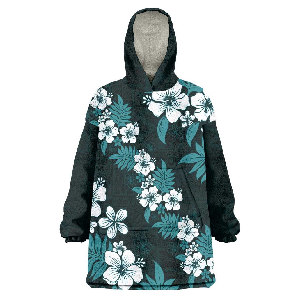 Hawaiian Hibiscus Tribal Floral Teal Wearable Blanket Hoodie Polynesian Tapa Pattern LT01 One Size Teal - Polynesian Pride