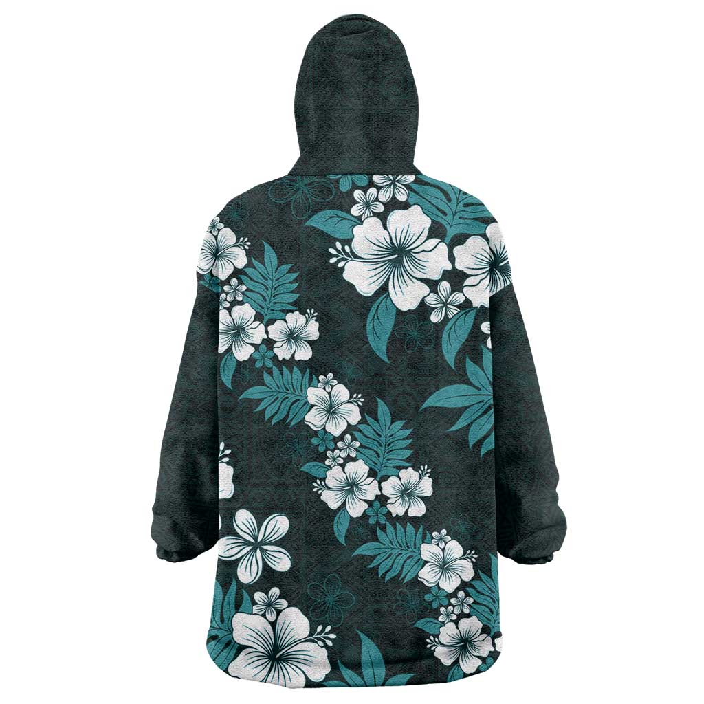 Hawaiian Hibiscus Tribal Floral Teal Wearable Blanket Hoodie Polynesian Tapa Pattern LT01 - Polynesian Pride