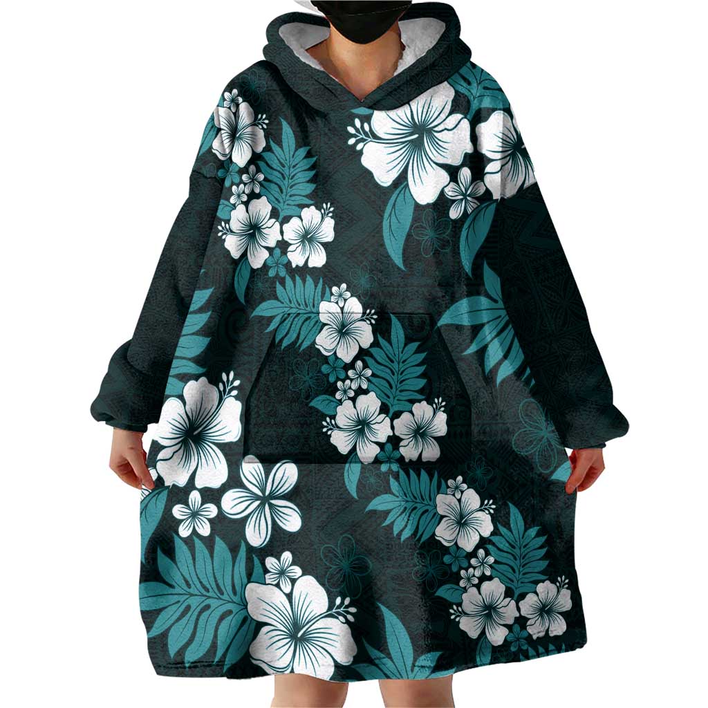 Hawaiian Hibiscus Tribal Floral Teal Wearable Blanket Hoodie Polynesian Tapa Pattern LT01 - Polynesian Pride