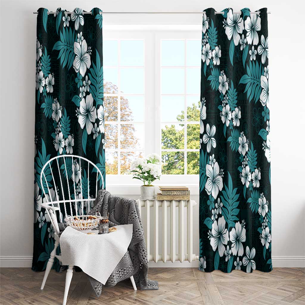 Hawaiian Hibiscus Tribal Floral Teal Window Curtain Polynesian Tapa Pattern - Polynesian Pride