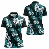 Hawaiian Hibiscus Tribal Floral Teal Women Polo Shirt Polynesian Tapa Pattern - Polynesian Pride