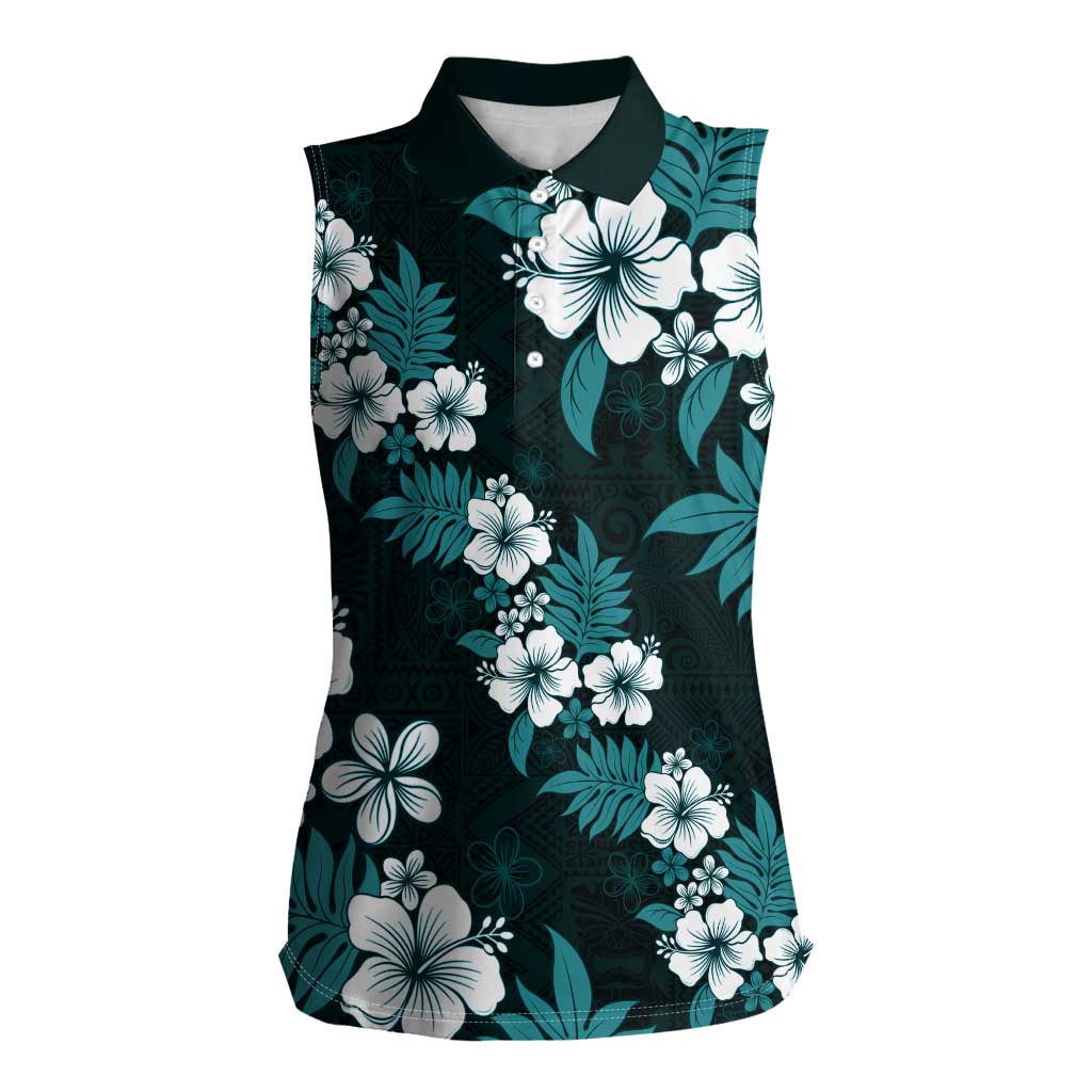 Hawaiian Hibiscus Tribal Floral Teal Women Sleeveless Polo Shirt Polynesian Tapa Pattern LT01 Female Teal - Polynesian Pride