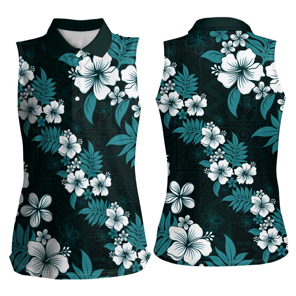 Hawaiian Hibiscus Tribal Floral Teal Women Sleeveless Polo Shirt Polynesian Tapa Pattern LT01 - Polynesian Pride