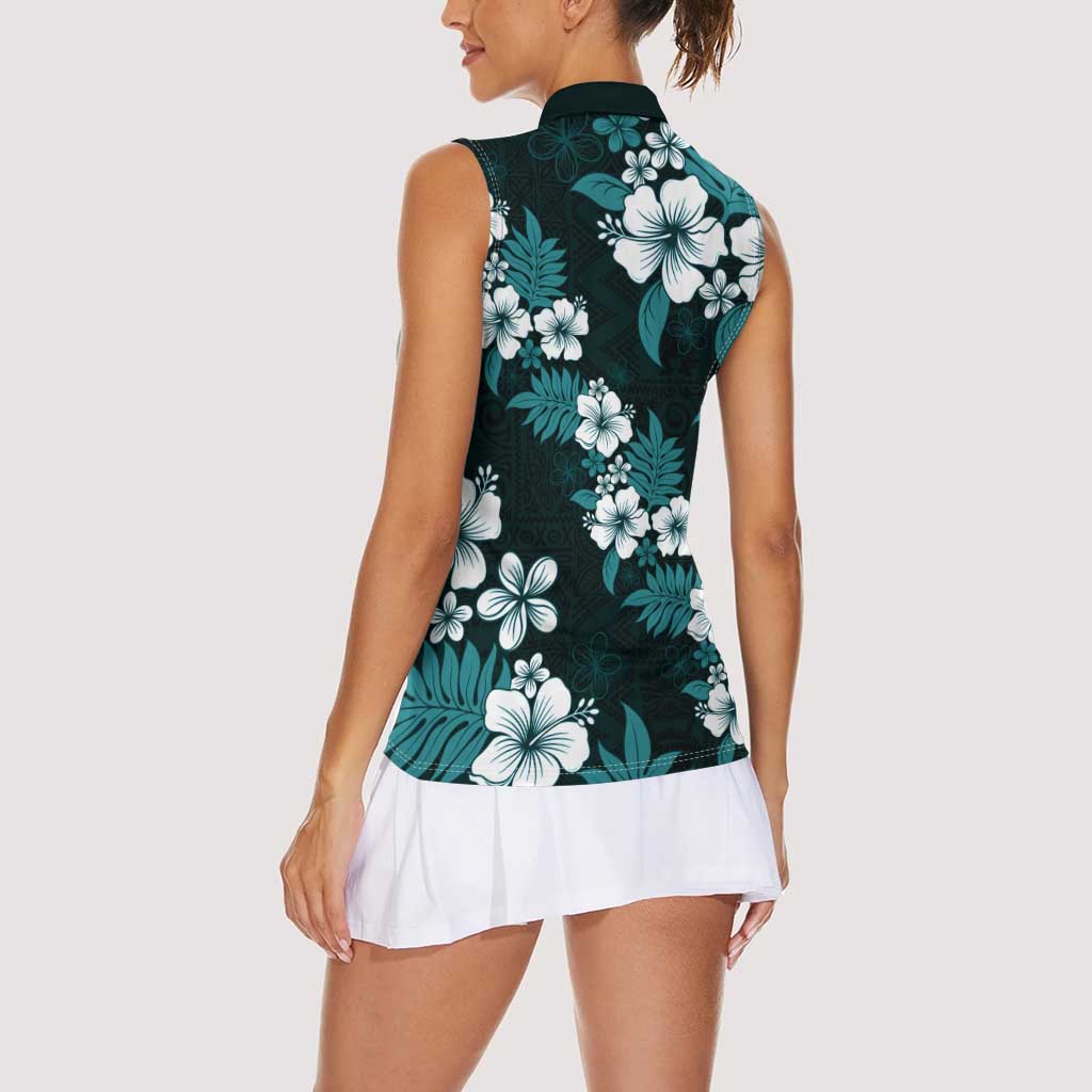 Hawaiian Hibiscus Tribal Floral Teal Women Sleeveless Polo Shirt Polynesian Tapa Pattern LT01 - Polynesian Pride