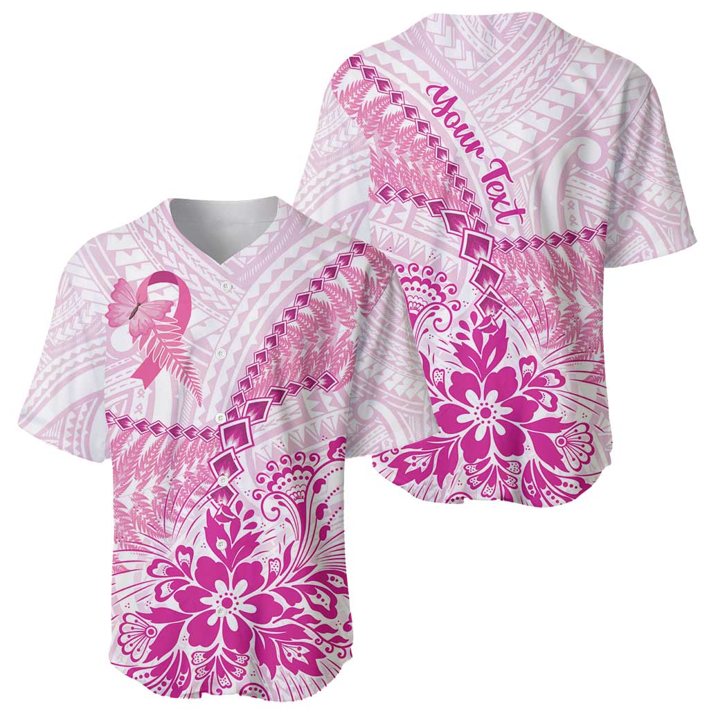 Personalised New Zealand Pink Fern Breast Cancer Baseball Jersey Polynesian Pattern