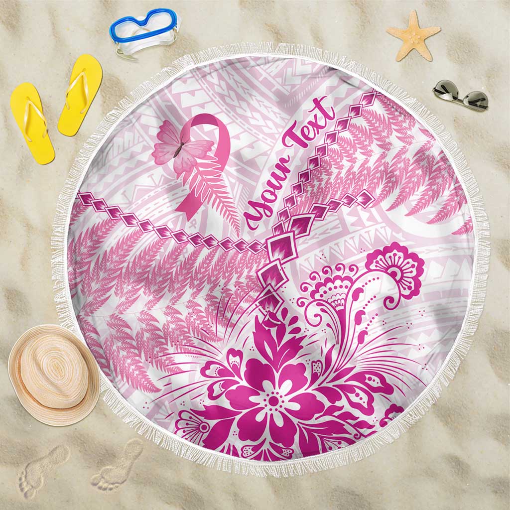 Personalised New Zealand Pink Fern Breast Cancer Beach Blanket Polynesian Pattern