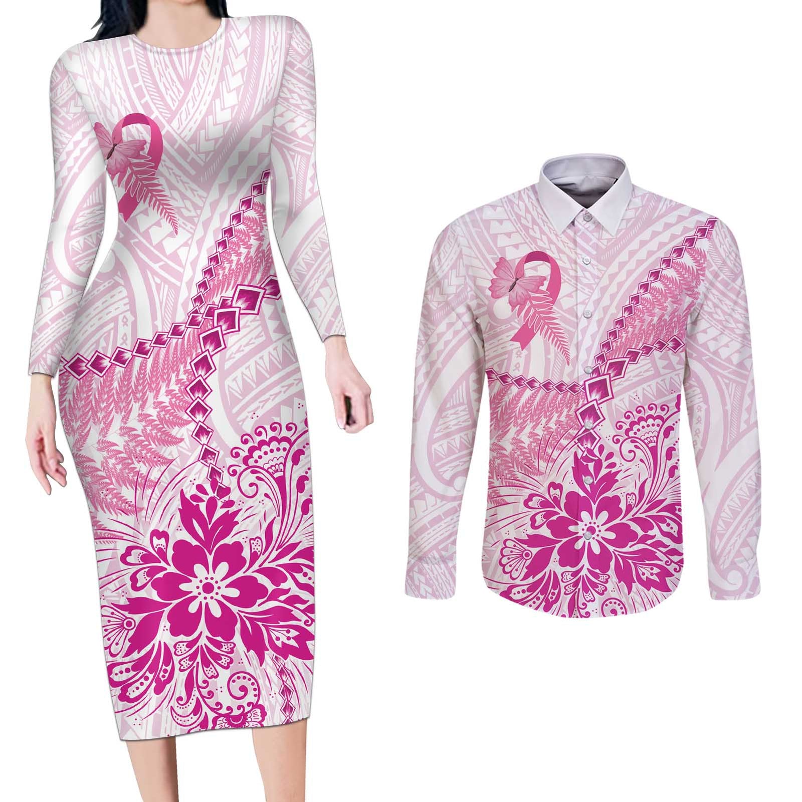 Personalised New Zealand Pink Fern Breast Cancer Couples Matching Long Sleeve Bodycon Dress and Long Sleeve Button Shirt Polynesian Pattern LT01 Pink - Polynesian Pride