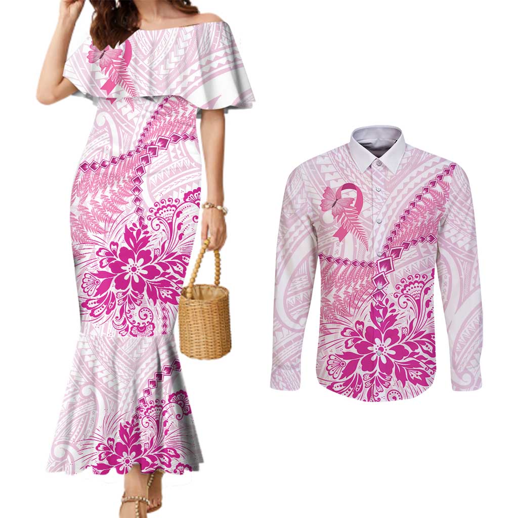 Personalised New Zealand Pink Fern Breast Cancer Couples Matching Mermaid Dress and Long Sleeve Button Shirt Polynesian Pattern LT01 Pink - Polynesian Pride