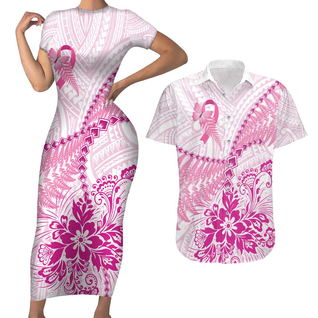 Personalised New Zealand Pink Fern Breast Cancer Couples Matching Short Sleeve Bodycon Dress and Hawaiian Shirt Polynesian Pattern LT01 Pink - Polynesian Pride