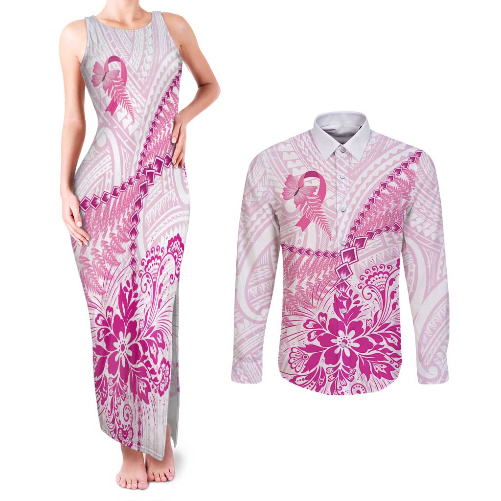 Personalised New Zealand Pink Fern Breast Cancer Couples Matching Tank Maxi Dress and Long Sleeve Button Shirt Polynesian Pattern LT01 Pink - Polynesian Pride
