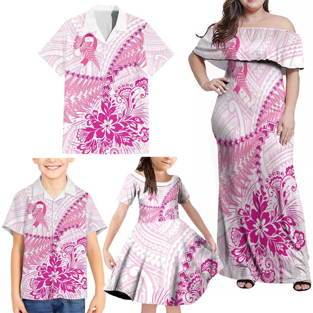 Personalised New Zealand Pink Fern Breast Cancer Family Matching Off Shoulder Maxi Dress and Hawaiian Shirt Polynesian Pattern