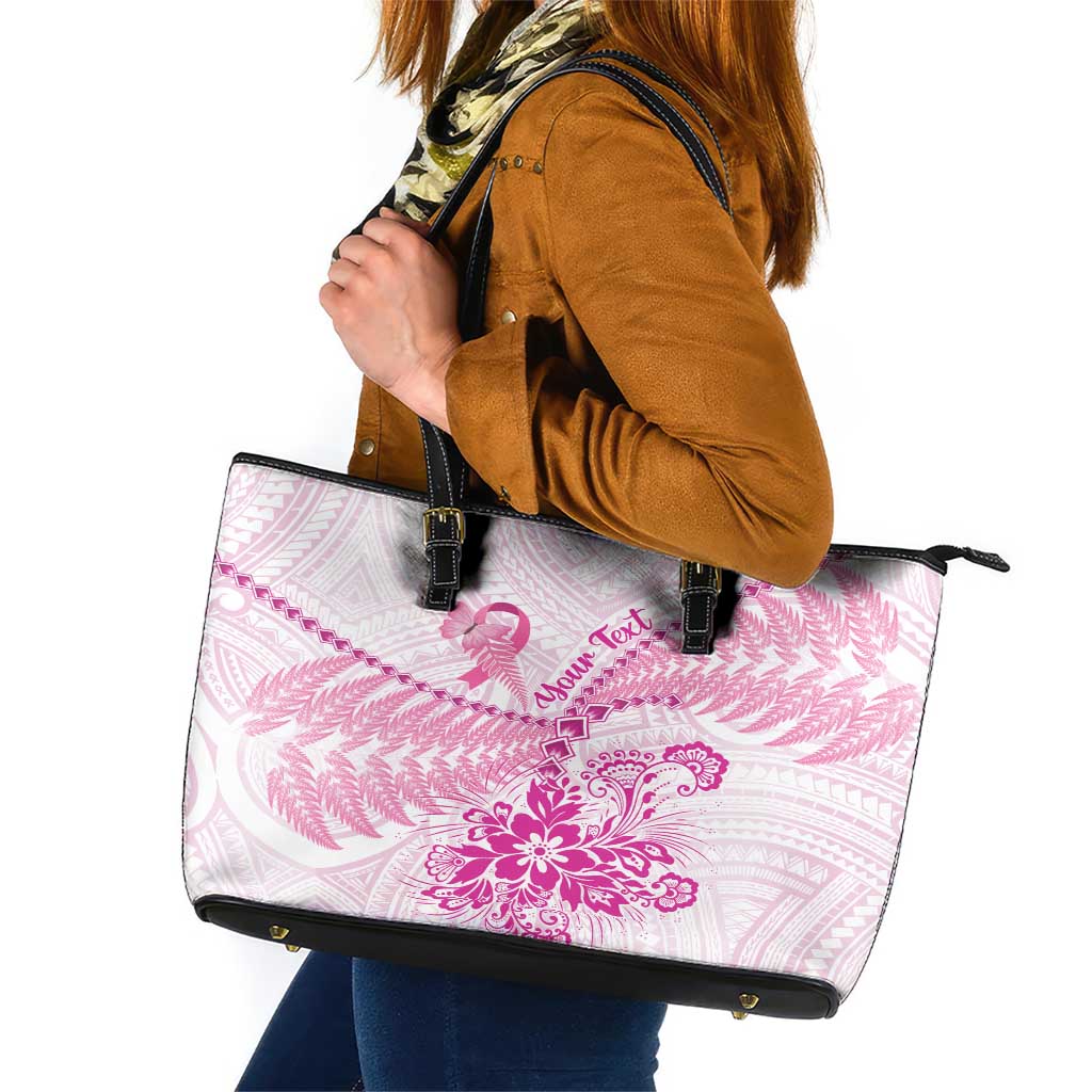 Personalised New Zealand Pink Fern Breast Cancer Leather Tote Bag Polynesian Pattern