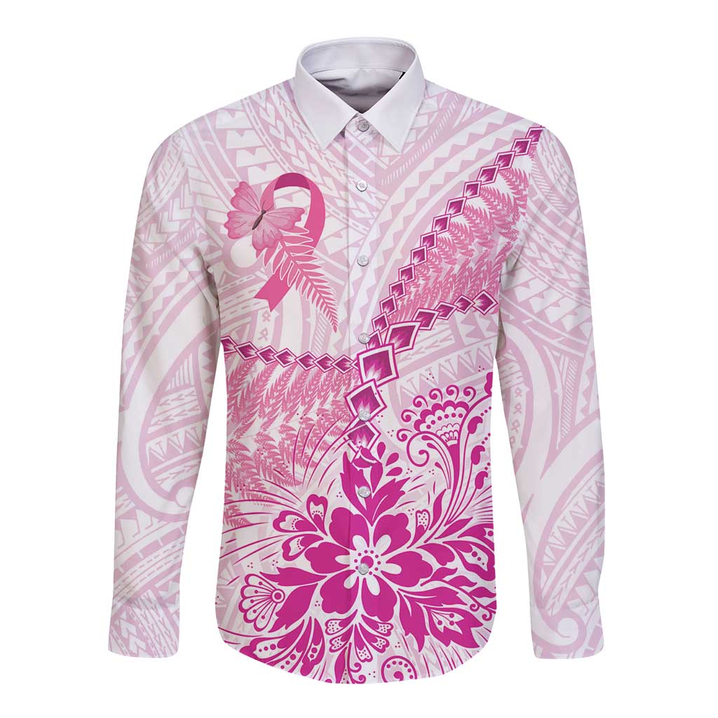 Personalised New Zealand Pink Fern Breast Cancer Long Sleeve Button Shirt Polynesian Pattern