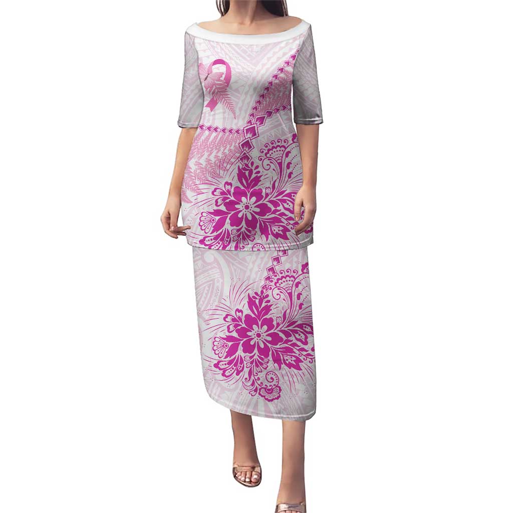 Personalised New Zealand Pink Fern Breast Cancer Puletasi Polynesian Pattern LT01 Long Dress Pink - Polynesian Pride