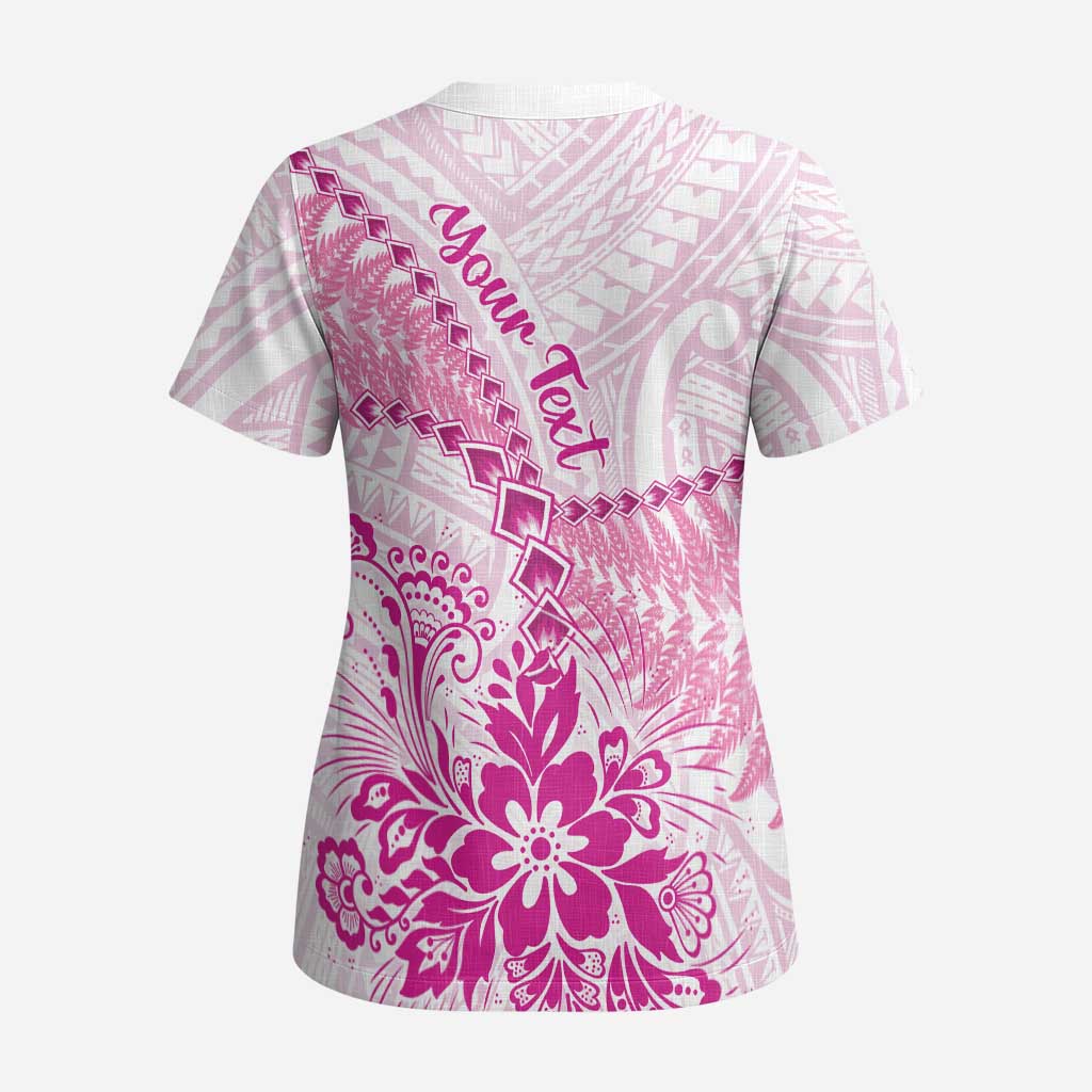 Personalised New Zealand Pink Fern Breast Cancer Scrub Top Polynesian Pattern LT01 - Polynesian Pride