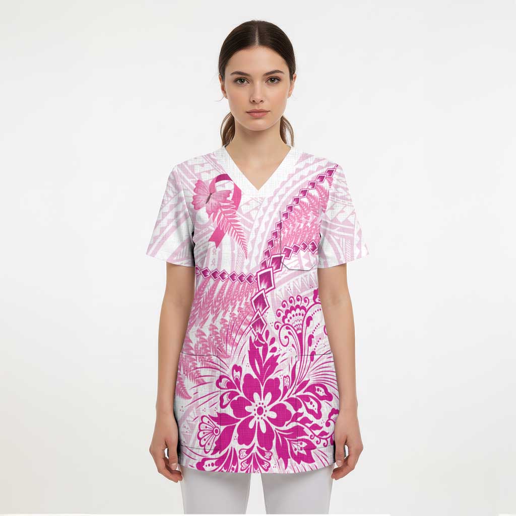 Personalised New Zealand Pink Fern Breast Cancer Scrub Top Polynesian Pattern LT01 - Polynesian Pride