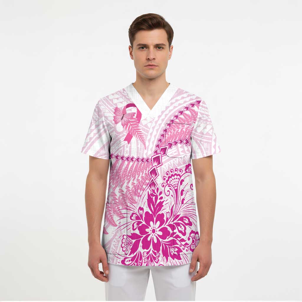 Personalised New Zealand Pink Fern Breast Cancer Scrub Top Polynesian Pattern LT01 - Polynesian Pride