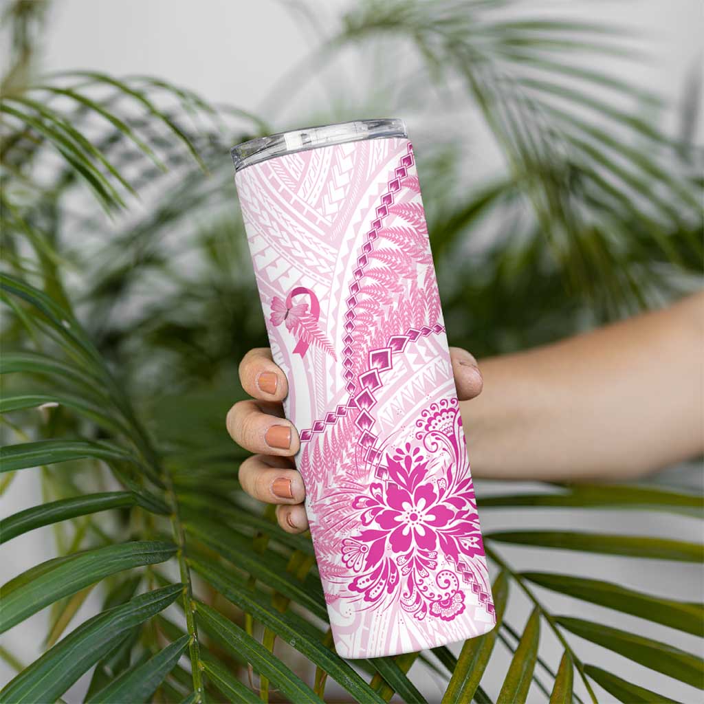 Personalised New Zealand Pink Fern Breast Cancer Skinny Tumbler Polynesian Pattern