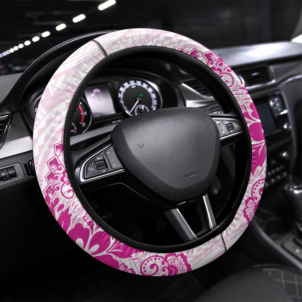 New Zealand Pink Fern Breast Cancer Steering Wheel Cover Polynesian Pattern