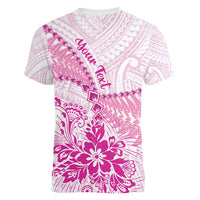Personalised New Zealand Pink Fern Breast Cancer Women V-Neck T-Shirt Polynesian Pattern