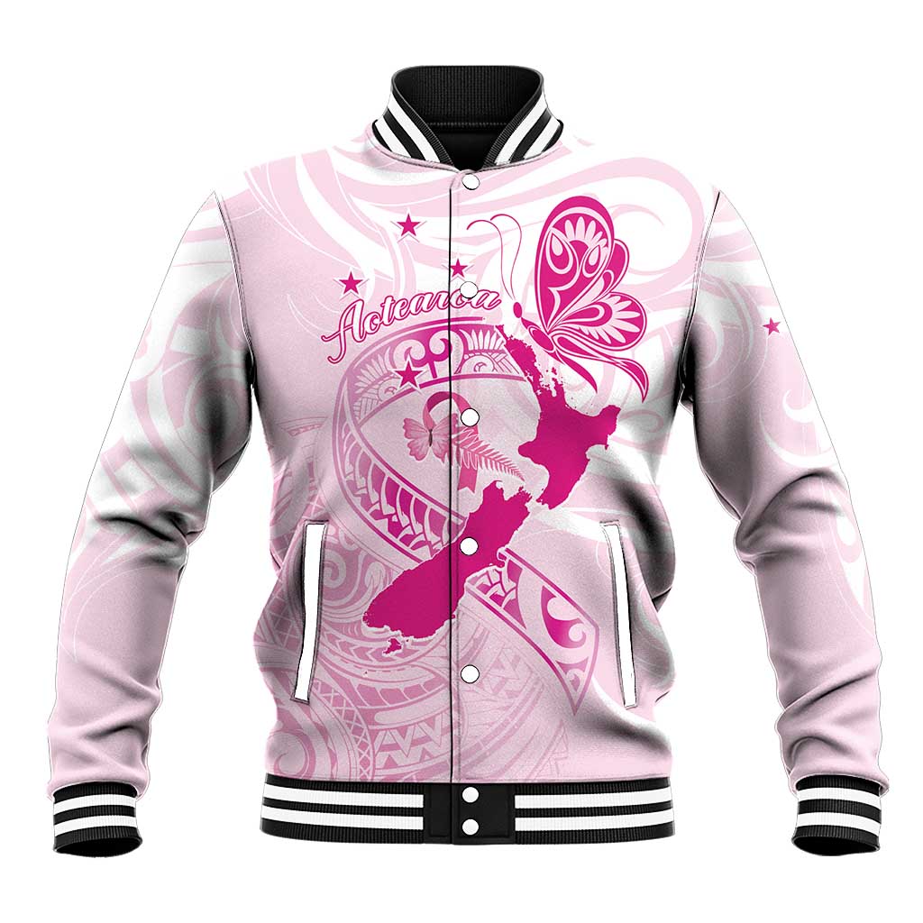 Personalised Aotearoa Breast Cancer Baseball Jacket New Zealand Maori Pattern