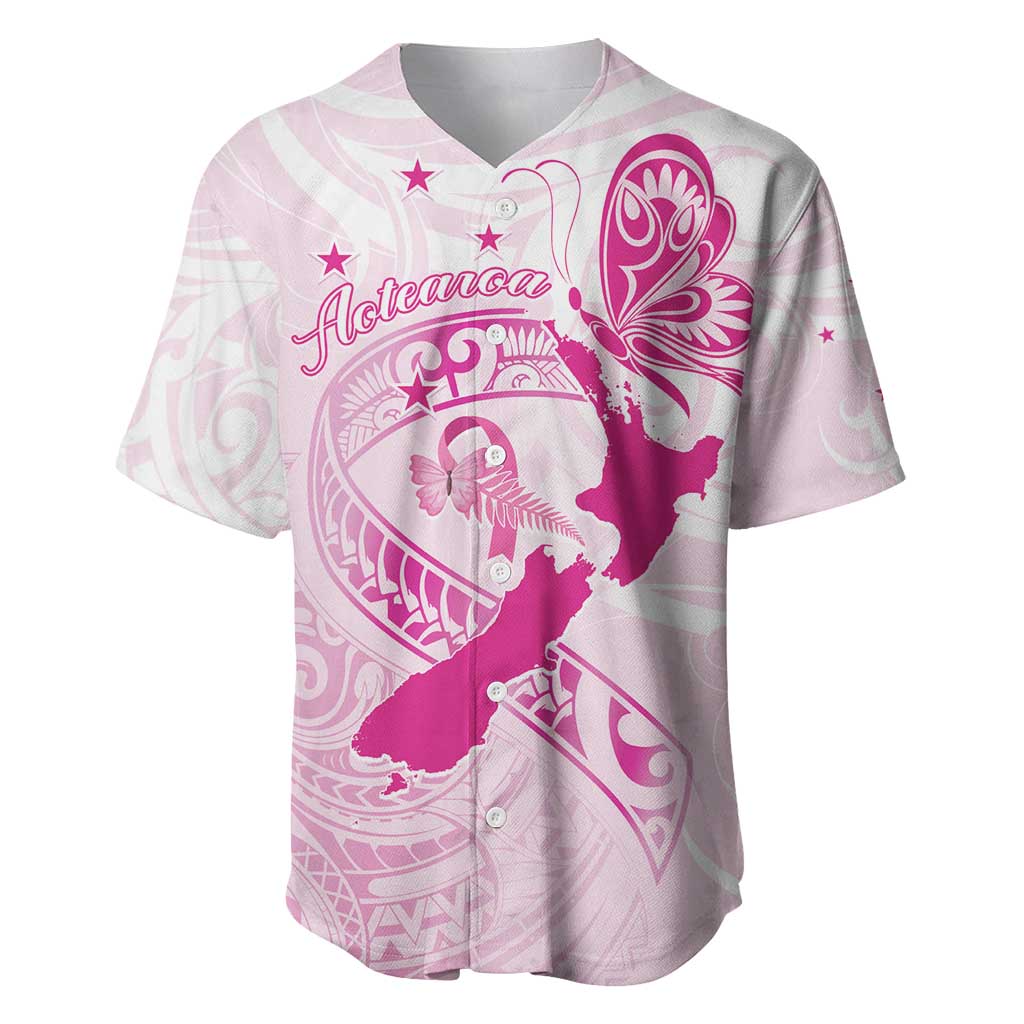 Personalised Aotearoa Breast Cancer Baseball Jersey New Zealand Maori Pattern