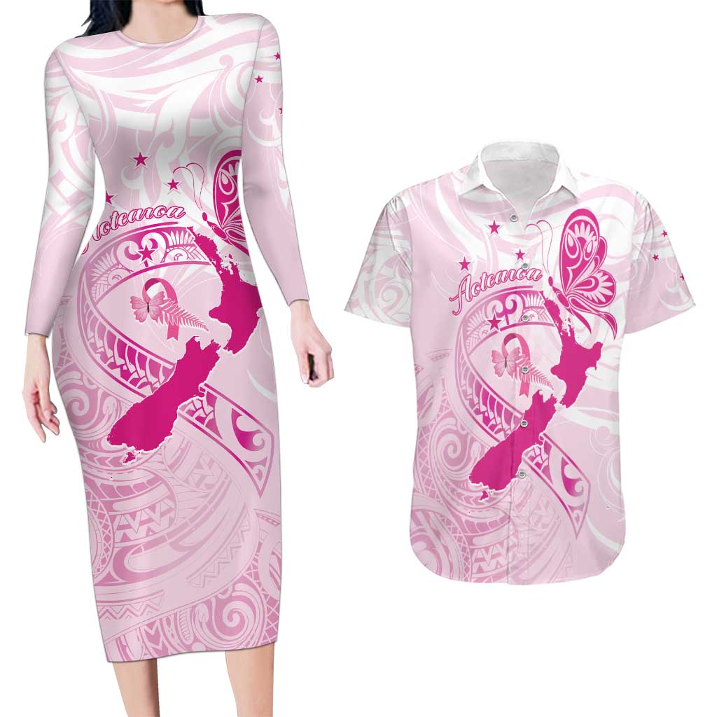 Personalised Aotearoa Breast Cancer Couples Matching Long Sleeve Bodycon Dress and Hawaiian Shirt New Zealand Maori Pattern